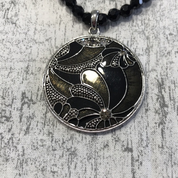 Vintage Black Beaded Choker Necklace & Earrings; with 5 Clear Rhinestones - Picture 2 of 10